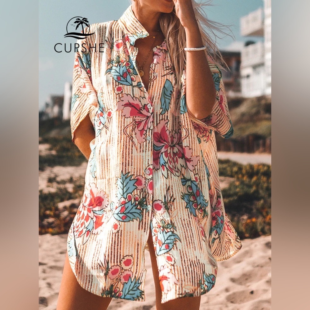 Brand New w/tag CUPSHE Floral Print button up bathing suit cover up shirt dress